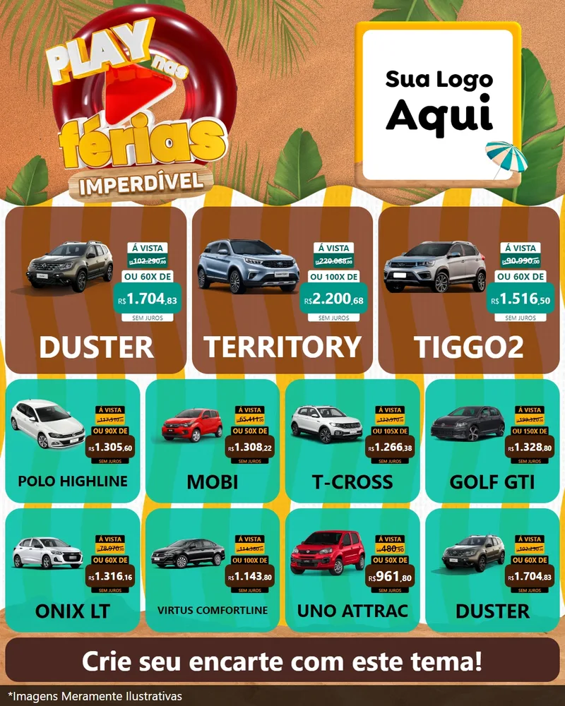 Modelo de Rede Social para Feed Instagram com o tema Play Nas Férias Imperdível para Concessionaria de Carros