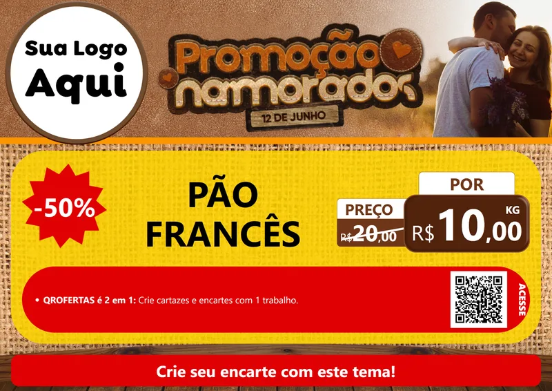 Modelo de Cartaz para Cartaz A4 Horizontal com o tema Promoção Namorados para Padaria