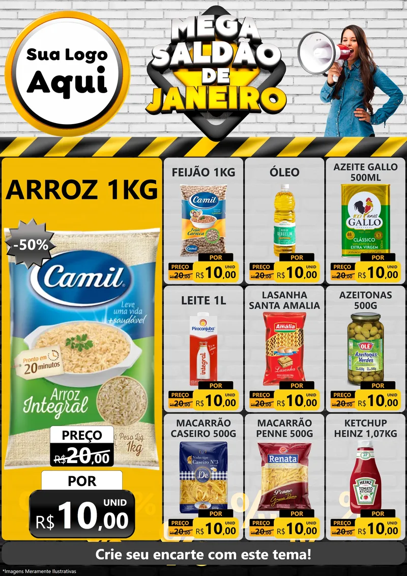 Modelo de Encarte para Encarte A4 Vertical com o tema Mega Saldão de Janeiro para Supermercado