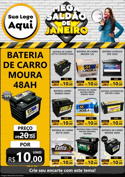Modelo de Encarte para Encarte A4 Vertical com o tema Mega Saldão de Janeiro para Baterias Elétricas