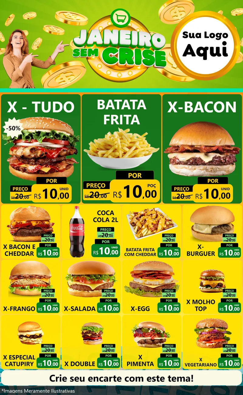 Modelo de Encarte para Encarte Grande com o tema Janeiro Sem Crise para Hamburgueria