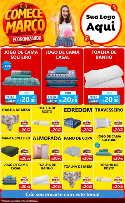 Modelo de Encarte para Encarte Grande com o tema Comece Março Economizando para Cama, Mesa e Banho