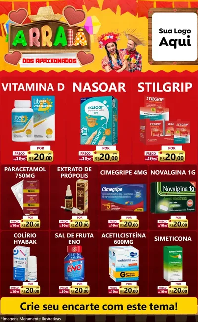 Modelo de Encarte para Encarte Grande com o tema Arraiá Dos Apaixonados - Junina para Farmácia