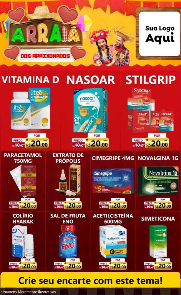 Modelo de Encarte para Encarte Grande com o tema Arraiá Dos Apaixonados - Junina para Farmácia