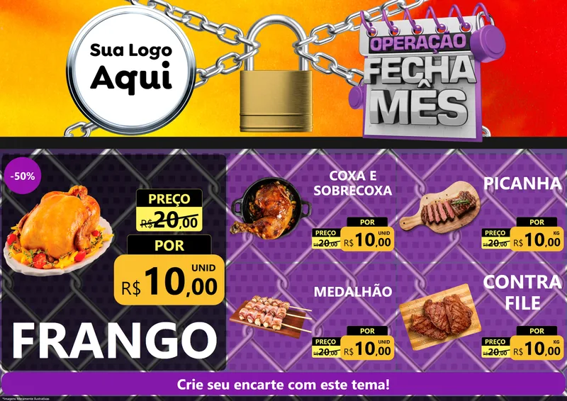 Modelo de Encarte para Encarte A4 Horizontal com o tema Operação Fecha Mês para Assados