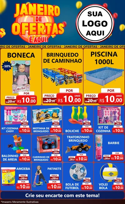 Modelo de Encarte para Encarte Grande com o tema Janeiro de Ofertas É Aqui! para Brinquedos