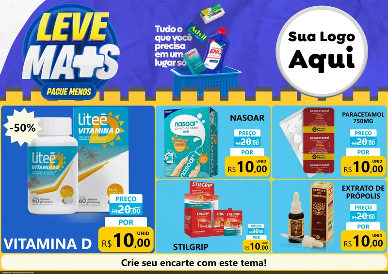 Modelo de Encarte para Encarte A4 Horizontal com o tema Leve Mais Pague Menos - Farmácia para Farmácia