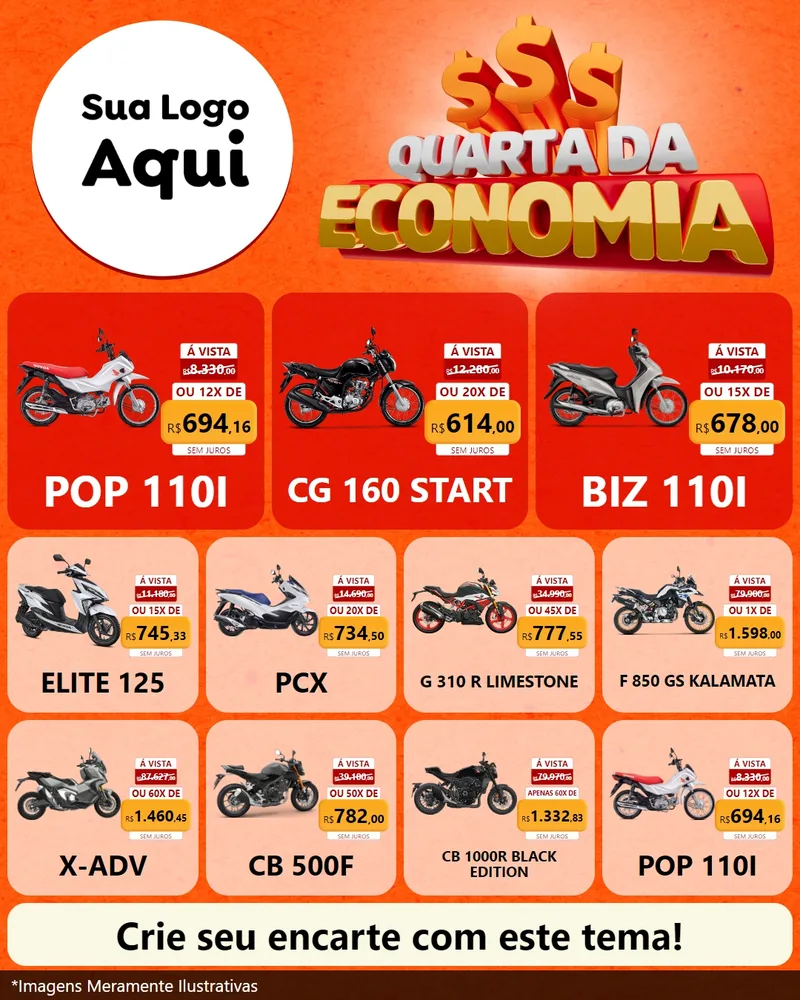 Modelo de Rede Social para Feed Instagram com o tema Quarta da Economia para Concessionaria de Motos
