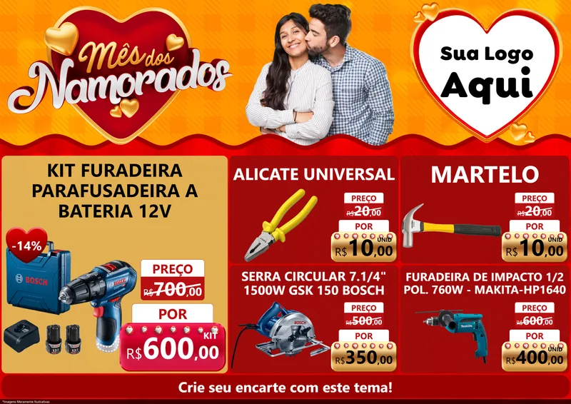 Modelo de Encarte para Encarte A4 Horizontal com o tema Mês dos Namorados para Maquinas e Ferramentas
