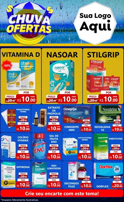Modelo de Encarte para Encarte Grande com o tema Chuva de Ofertas para Farmácia