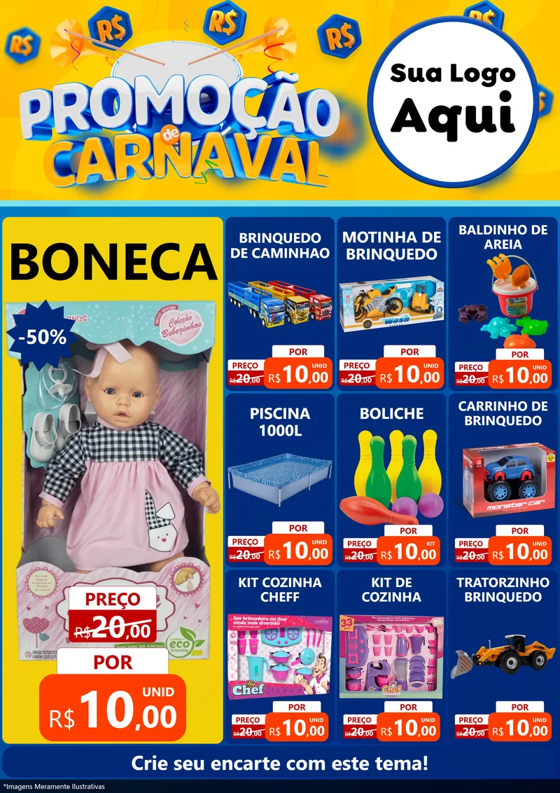 Modelo de Encarte para Encarte A4 Vertical com o tema Promoção de Carnaval para Brinquedos