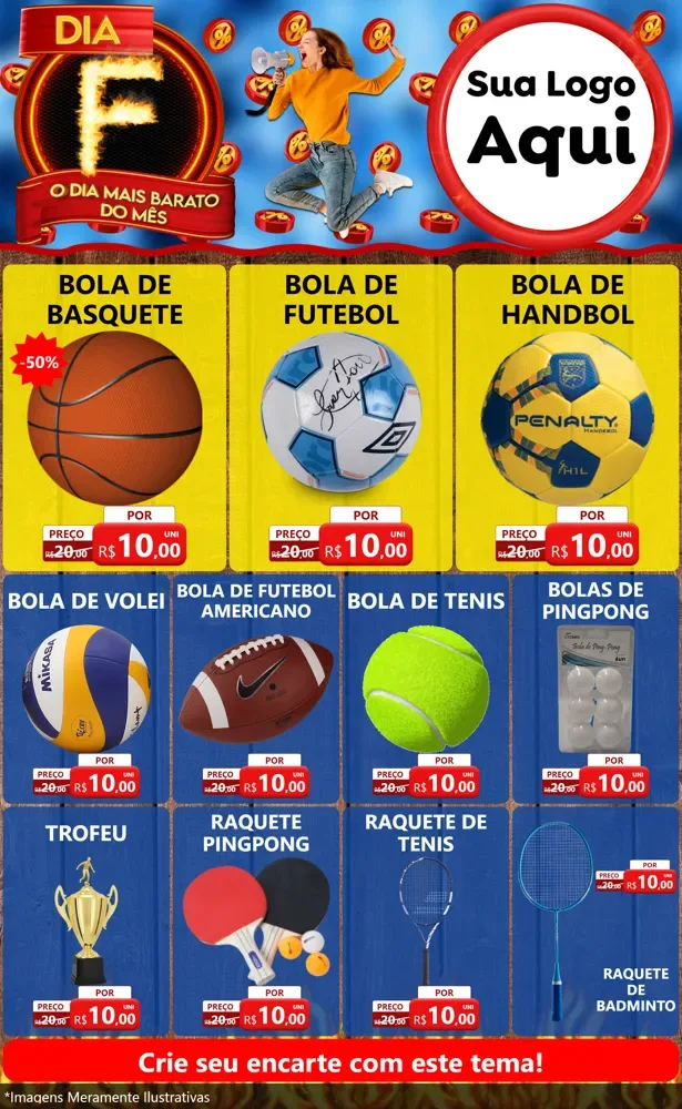 Modelo de Encarte para Encarte Grande com o tema Dia F - O Dia Mais Barato Do Mês para Artigos Esportivos