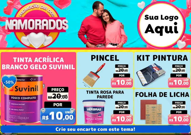 Modelo de Encarte para Encarte A4 Horizontal com o tema Promoção Dia dos Namorados para Tintas e Ferramentas