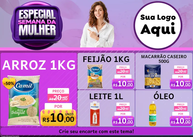 Modelo de Encarte para Encarte A4 Horizontal com o tema Especial Semana da Mulher para Supermercado