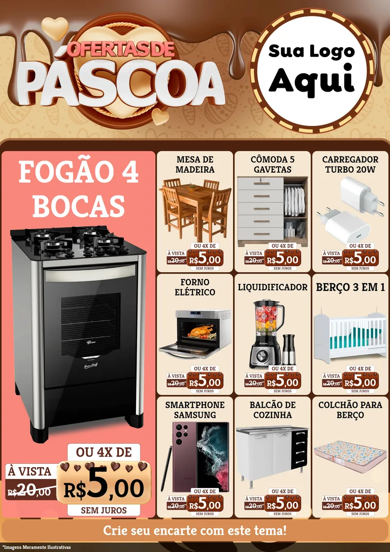 Modelo de Encarte para Encarte A4 Vertical com o tema Ofertas de Páscoa para Móveis e Eletro