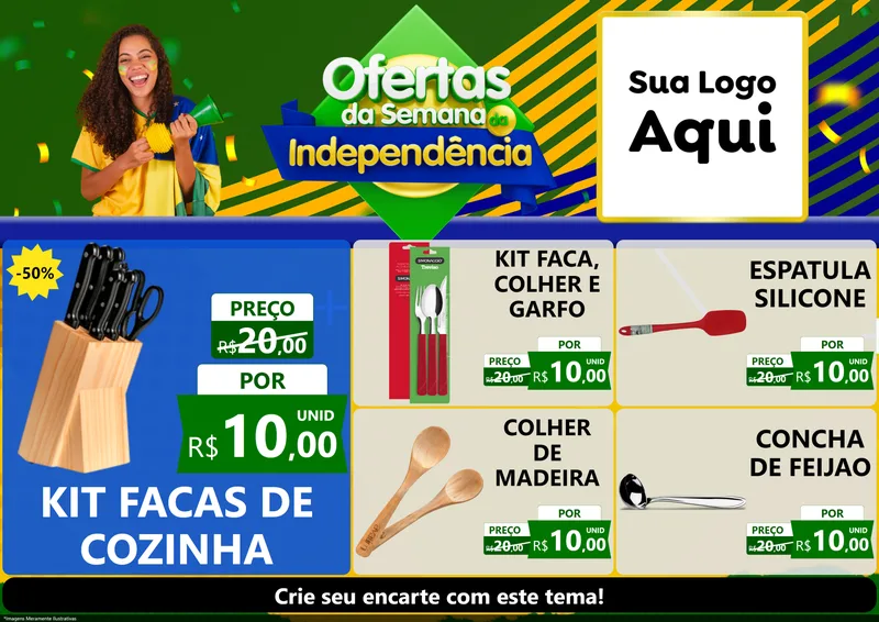 Modelo de Encarte para Encarte A4 Horizontal com o tema Ofertas da Semana da Independência para Utilidades Domésticas