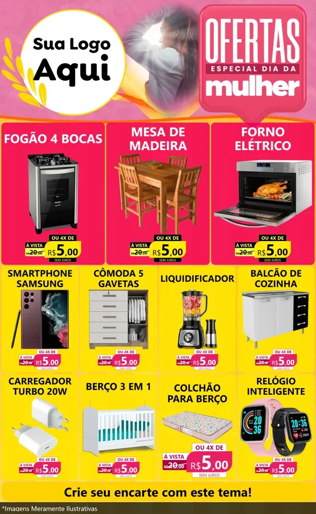 Modelo de Encarte para Encarte Grande com o tema Ofertas - Especial Dia Das Mulheres para Móveis e Eletro