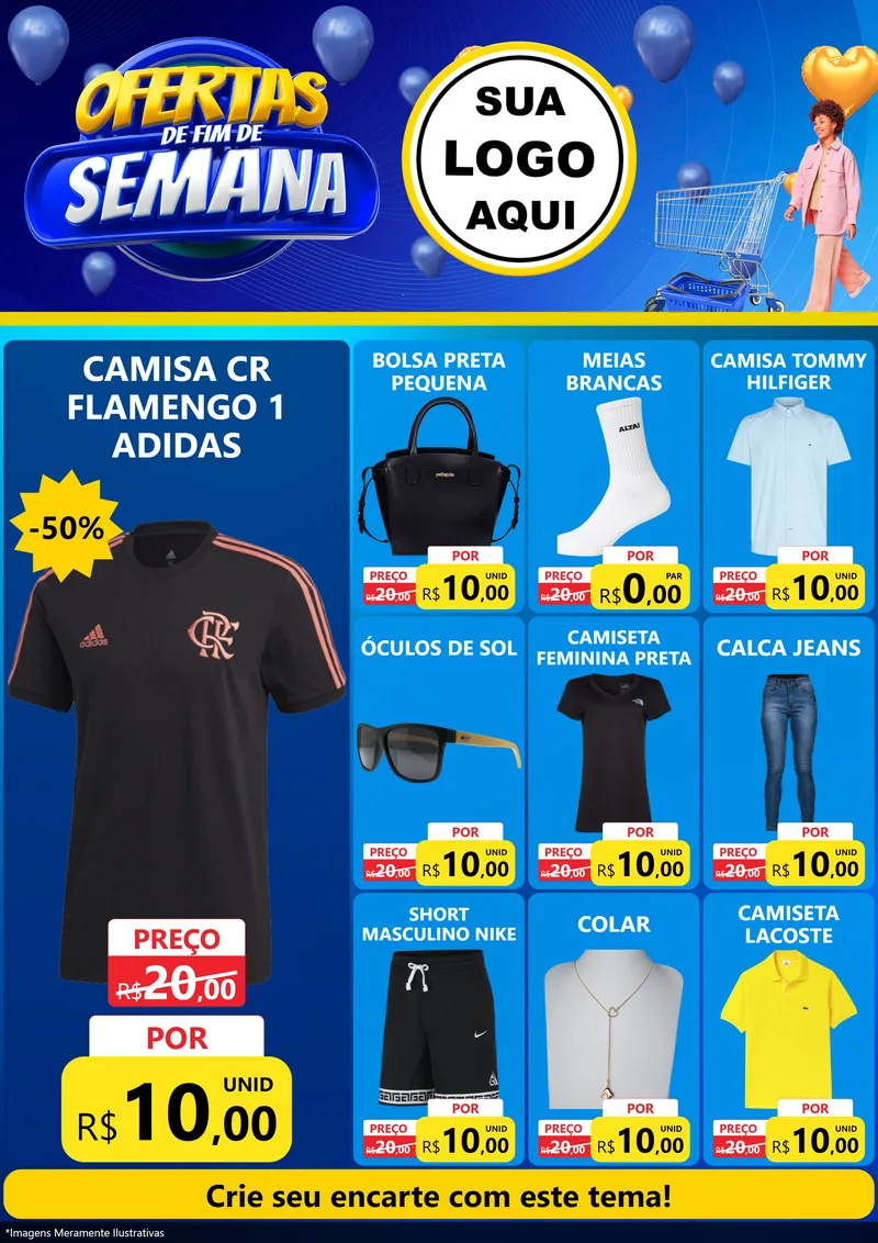 Modelo de Encarte para Encarte A4 Vertical com o tema Ofertas de Fim de Semana para Roupas e acessórios