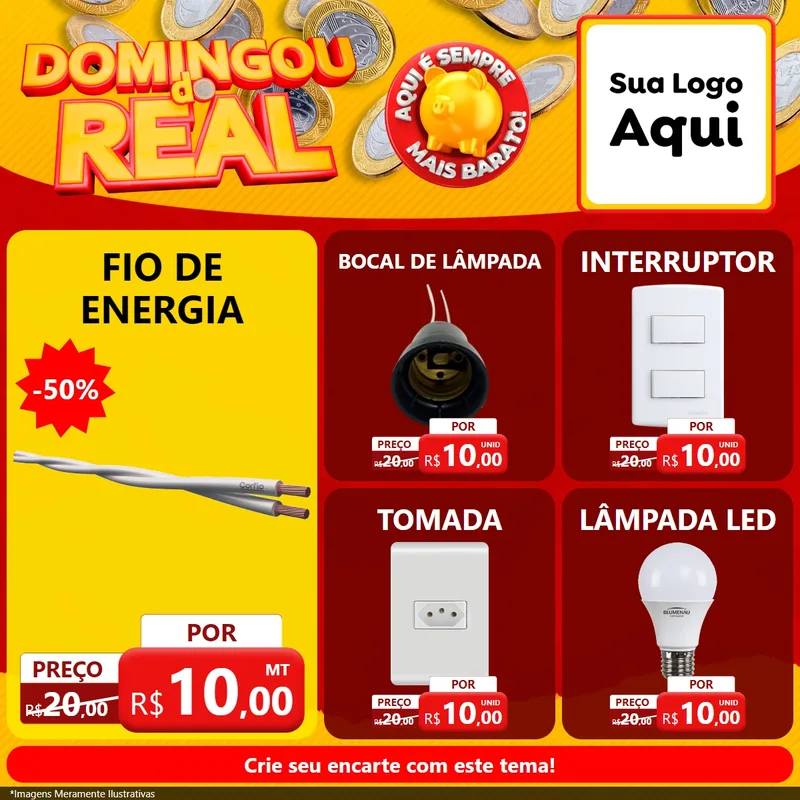 Modelo de Rede Social para Feed Facebook com o tema Domingou do Real para Materiais Elétricos