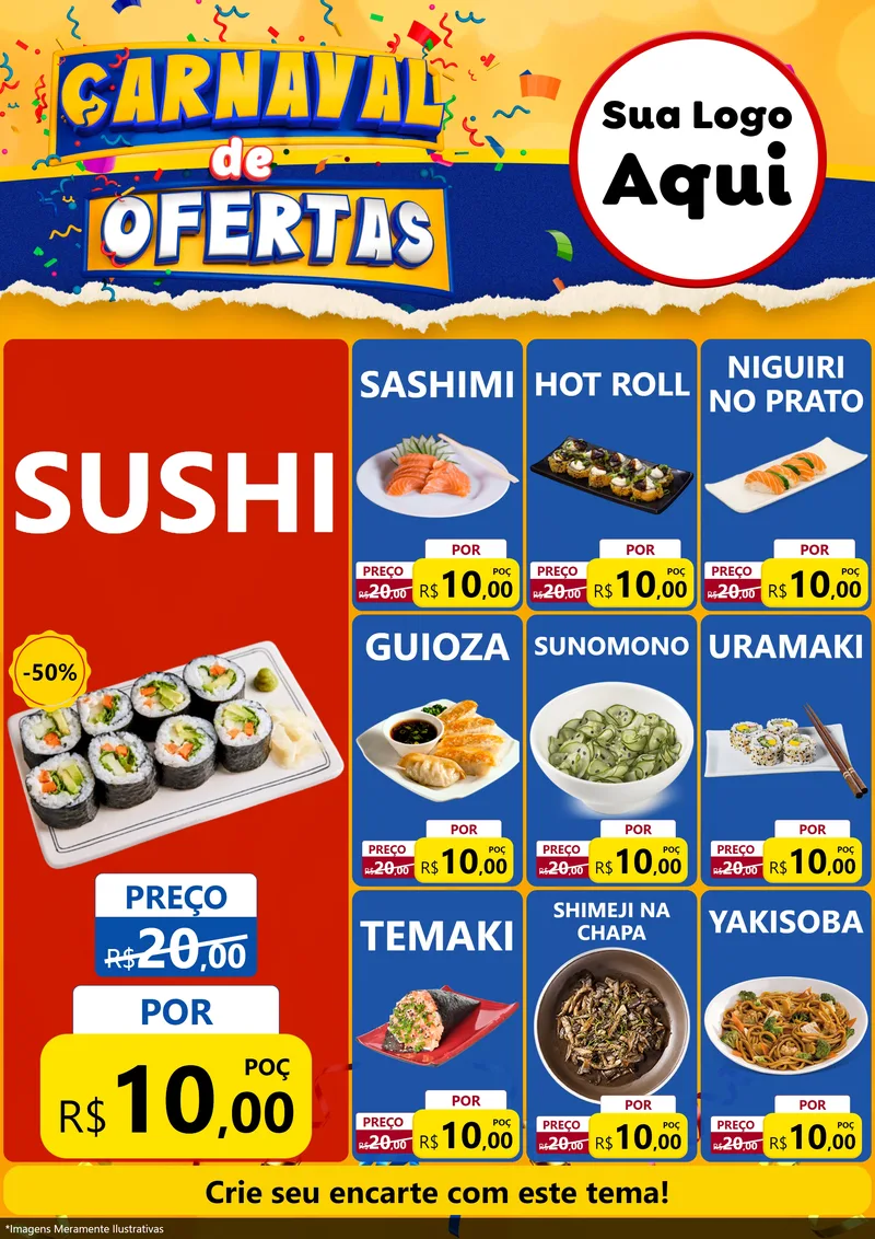 Modelo de Encarte para Encarte A4 Vertical com o tema Carnaval de Ofertas para Comida japonesa