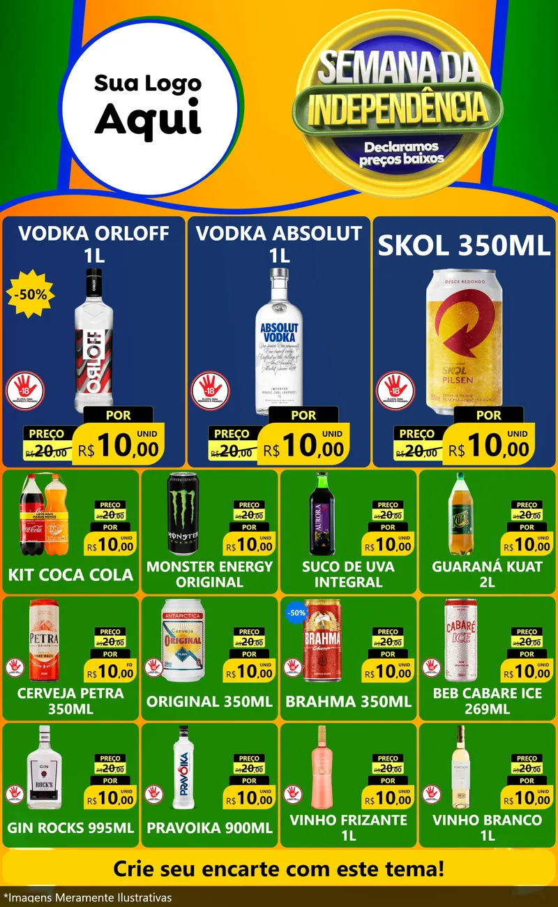 Modelo de Encarte para Encarte Grande com o tema Semana da Independência Declaramos Preços Baixos para Distribuidora de bebidas