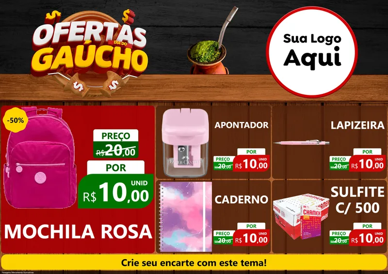Modelo de Encarte para Encarte A4 Horizontal com o tema Ofertas Dia do Gaúcho para Papelaria