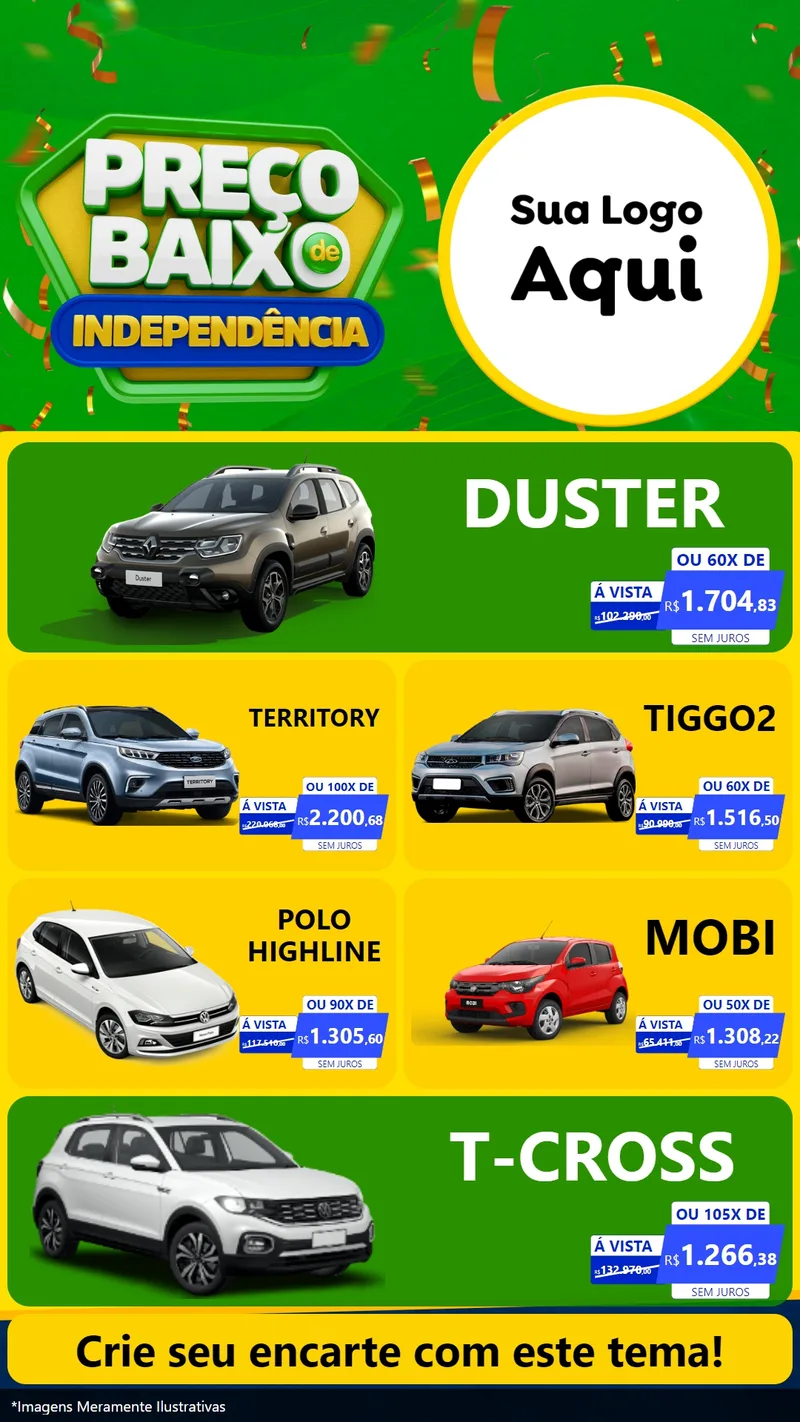 Modelo de TV para TV Vertical com o tema Preço Baixo de Independência para Concessionaria de Carros