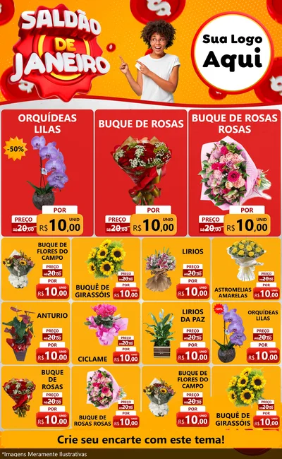 Modelo de Encarte para Encarte Grande com o tema Saldão de Janeiro para Floricultura e jardim