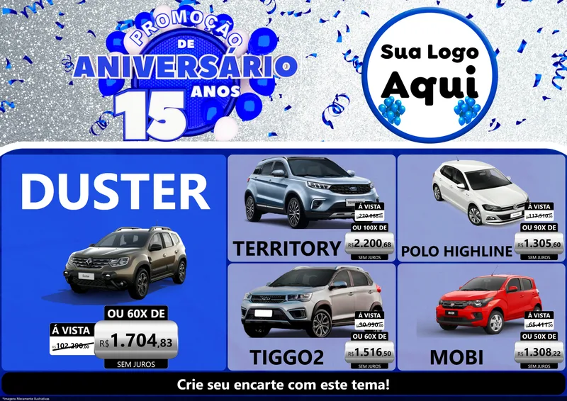 Modelo de Encarte para Encarte A4 Horizontal com o tema Promoção de Aniversário - 15 Anos para Concessionaria de Carros