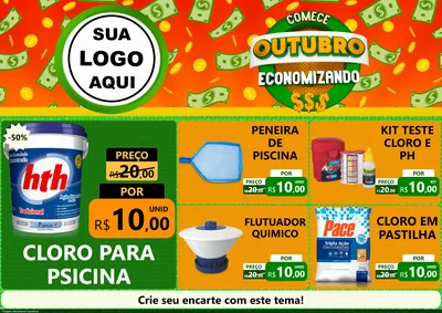 Modelo de Encarte para Encarte A4 Horizontal com o tema Comece Outubro Economizando para Produtos para Piscina