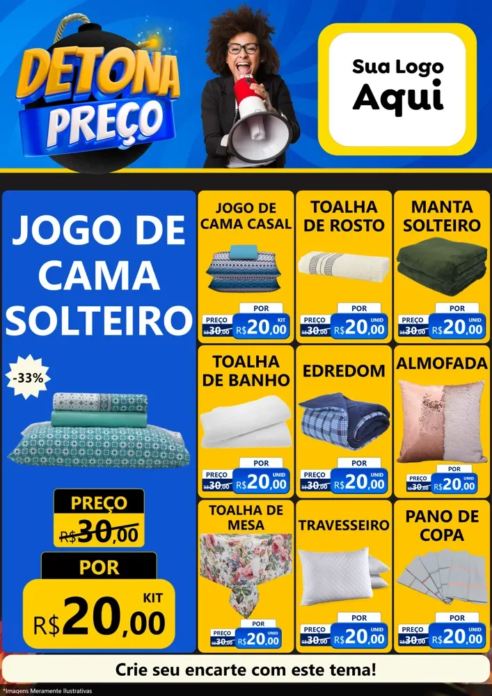 Modelo de Encarte para Encarte A4 Vertical com o tema Detona Preços para Cama, Mesa e Banho