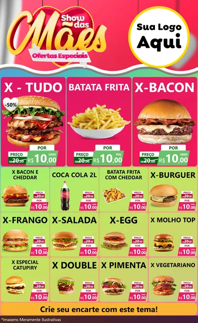 Modelo de Encarte para Encarte Grande com o tema Show das Mães - Ofertas Especiais para Hamburgueria