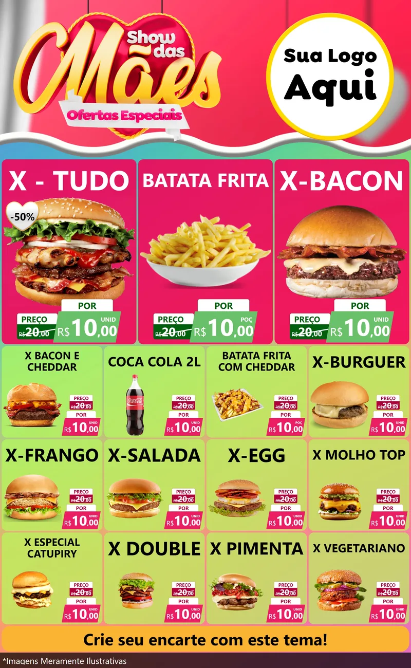 Modelo de Encarte para Encarte Grande com o tema Show das Mães - Ofertas Especiais para Hamburgueria