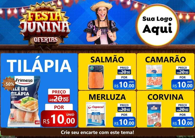 Modelo de Encarte para Encarte A4 Horizontal com o tema Festa Junina Ofertas para Peixaria