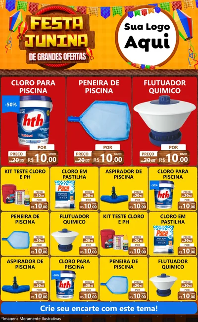 Modelo de Encarte para Encarte Grande com o tema Festa Junina de Grandes Ofertas para Produtos para Piscina