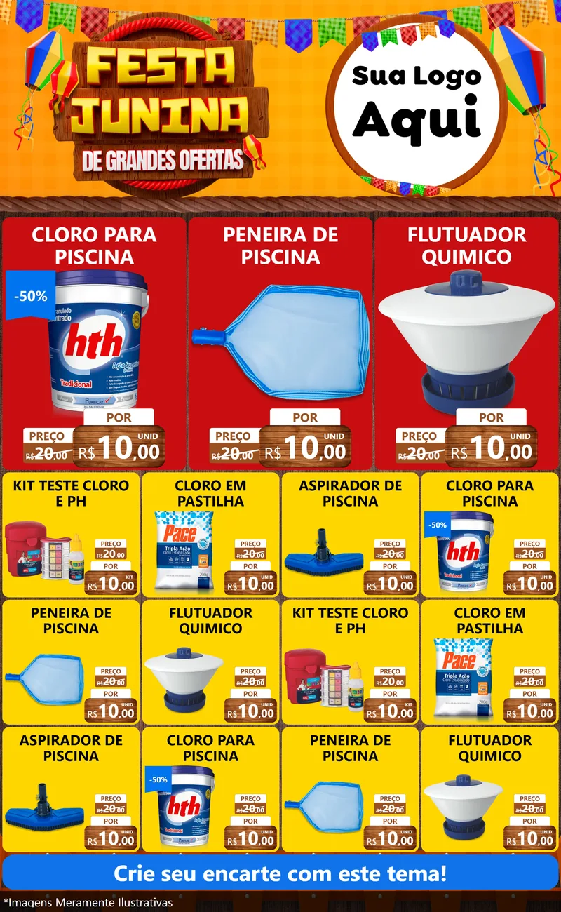 Modelo de Encarte para Encarte Grande com o tema Festa Junina de Grandes Ofertas para Produtos para Piscina