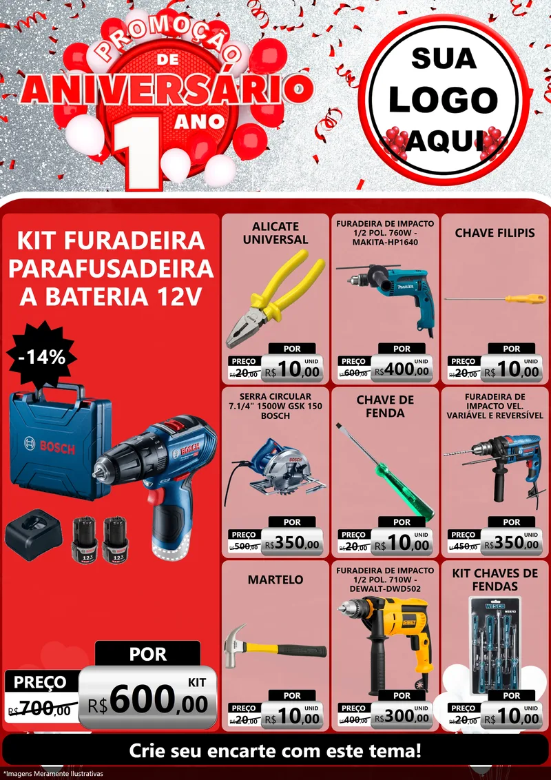 Modelo de Encarte para Encarte A4 Vertical com o tema Promoção de Aniversário - 1 Ano para Maquinas e Ferramentas