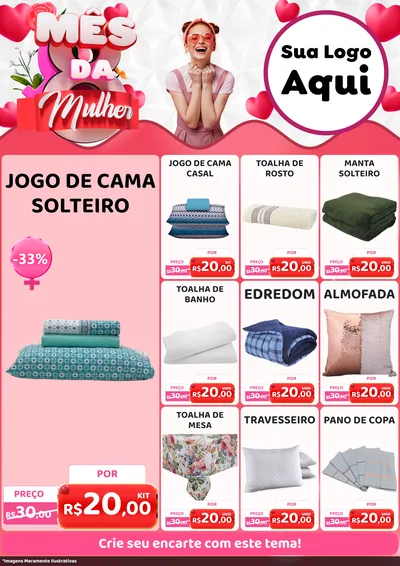 Modelo de Encarte para Encarte A4 Vertical com o tema Mês da Mulher para Cama, Mesa e Banho