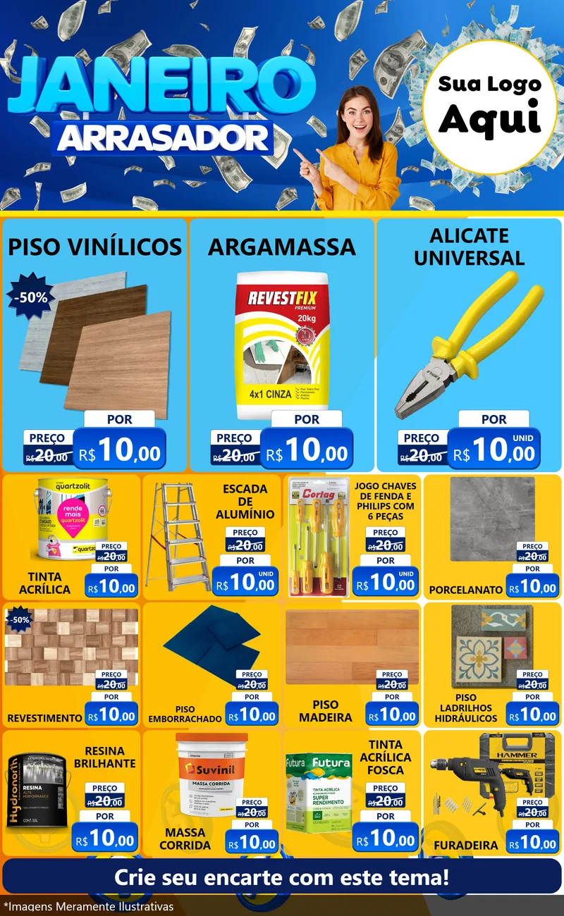 Modelo de Encarte para Encarte Grande com o tema Janeiro Arrasador para Material para Construção