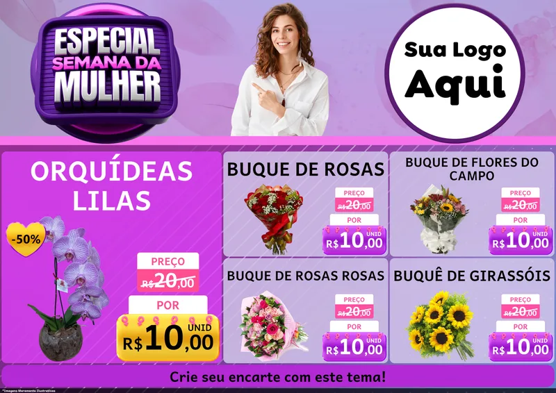 Modelo de Encarte para Encarte A4 Horizontal com o tema Especial Semana da Mulher para Floricultura e jardim