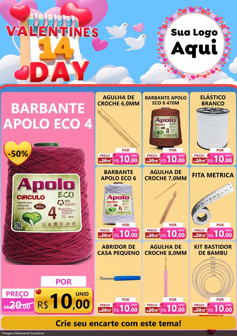 Modelo de Encarte para Encarte A4 Vertical com o tema Valentine's Day para Armarinho e Aviamentos