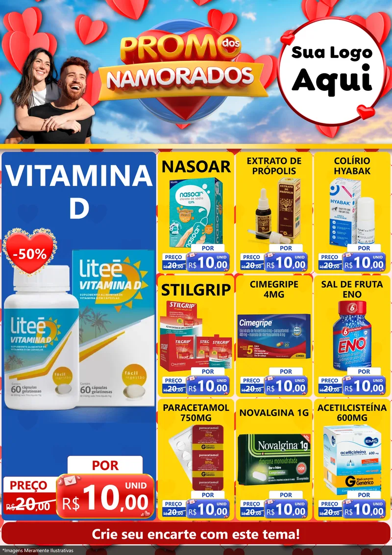 Modelo de Encarte para Encarte A4 Vertical com o tema Promo dos Namorados para Farmácia