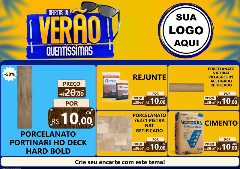 Modelo de Encarte para Encarte A4 Horizontal com o tema Ofertas de Verão Quentíssimas para Pisos e revestimentos