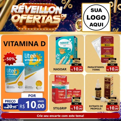Modelo de Rede Social para Feed Facebook com o tema Réveillon de Ofertas para Farmácia