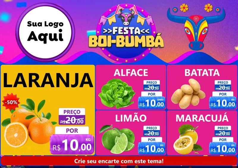 Modelo de Encarte para Encarte A4 Horizontal com o tema Festa Boi-Bumbá para Hortifrúti