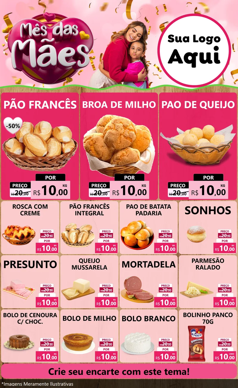 Modelo de Encarte para Encarte Grande com o tema Mês das Mães para Padaria
