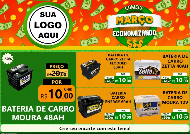 Modelo de Encarte para Encarte A4 Horizontal com o tema Comece Março Economizando para Baterias Elétricas
