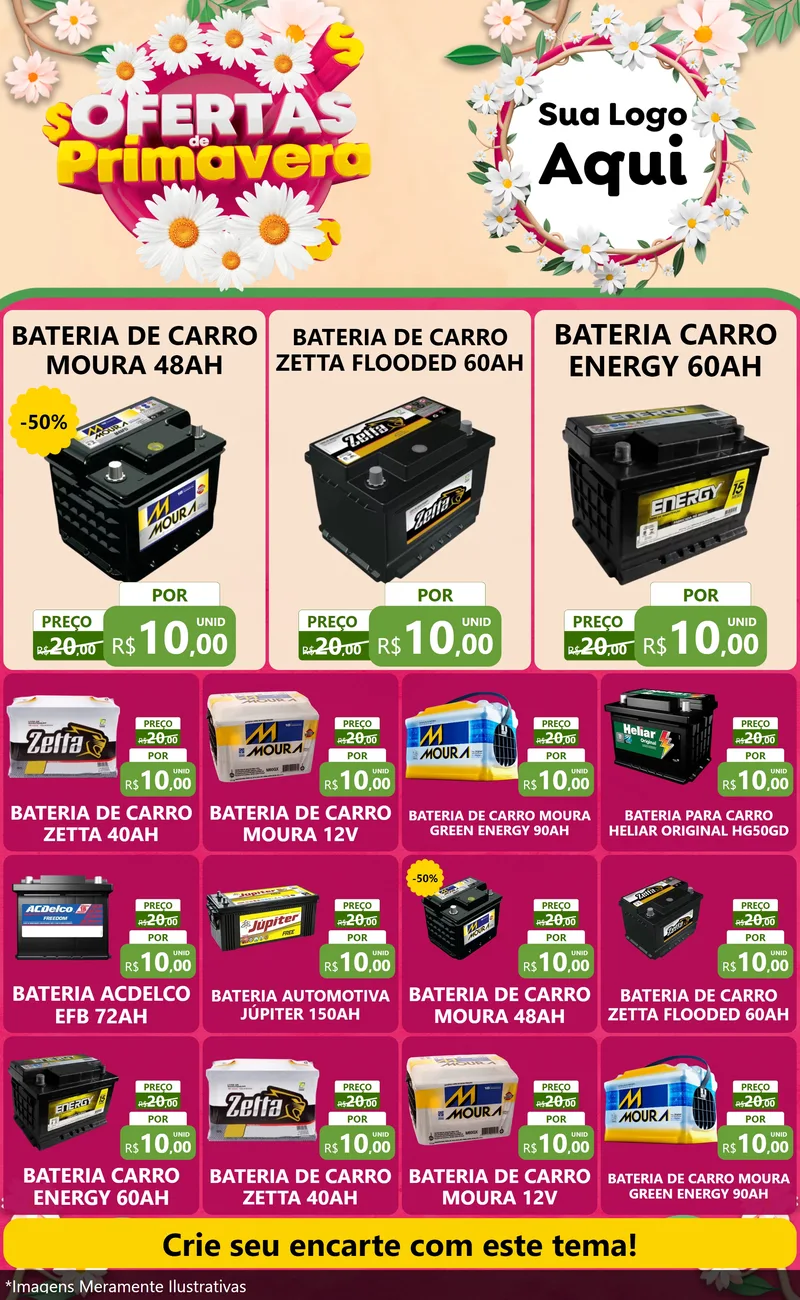 Modelo de Encarte para Encarte Grande com o tema Ofertas de Primavera para Baterias Elétricas