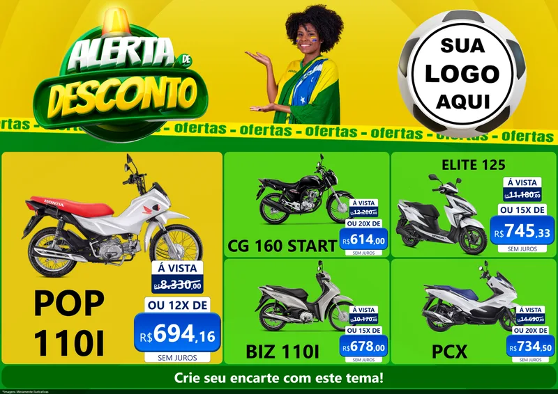 Modelo de Encarte para Encarte A4 Horizontal com o tema Alerta de Desconto para Concessionaria de Motos