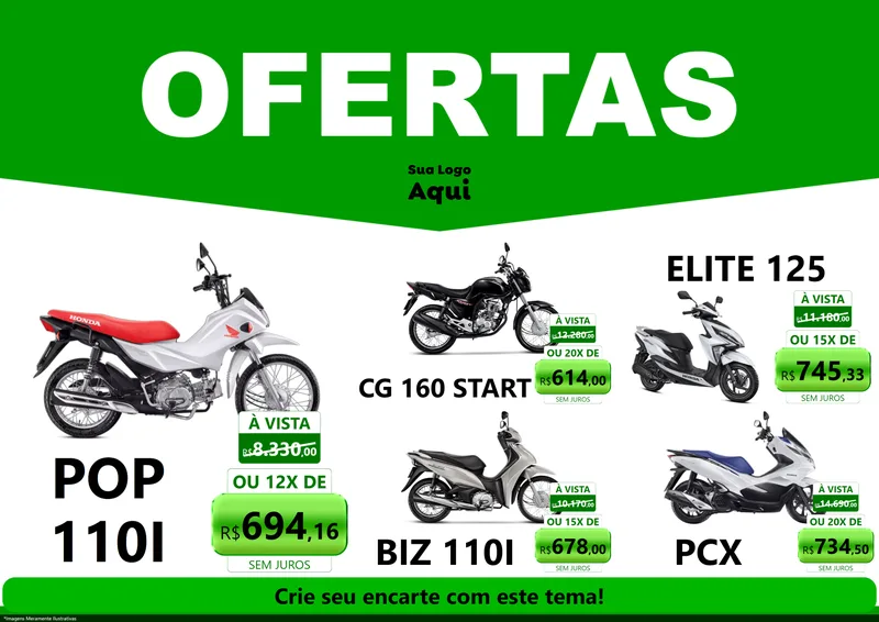 Modelo de Encarte para Encarte A4 Horizontal com o tema Ofertas Verde Cartaz para Concessionaria de Motos
